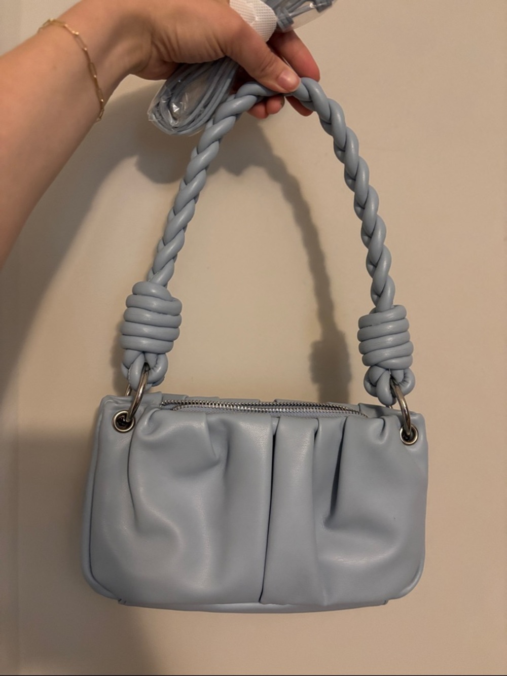 AQUA Ruched Baguette Style Shoulder Bag Dusty Blue